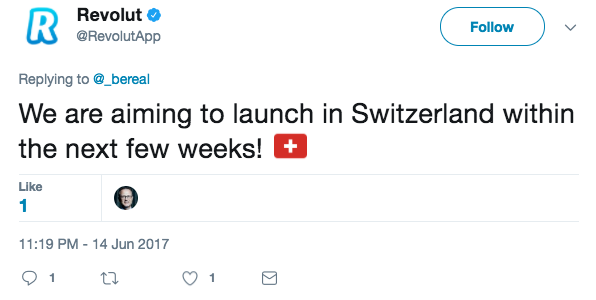 Revolut launch Switzerland tweet