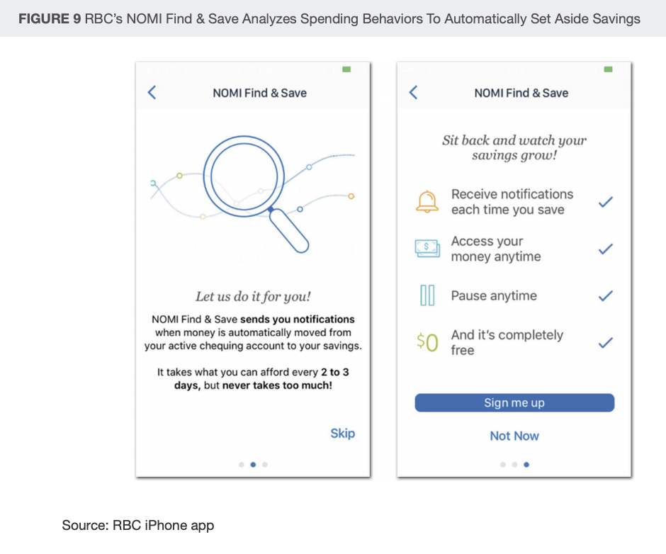 Image: RBC’s NOMI Find & Save Analyzes Spending Behaviors To Automatically Set Aside Savings, Financial Services Firms Need to Rethink Personalization, Forrester, September 2019